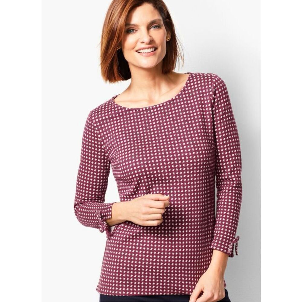 B26-- Talbots 3/4 Sleeve Check Jacquard Top Size Large Petite